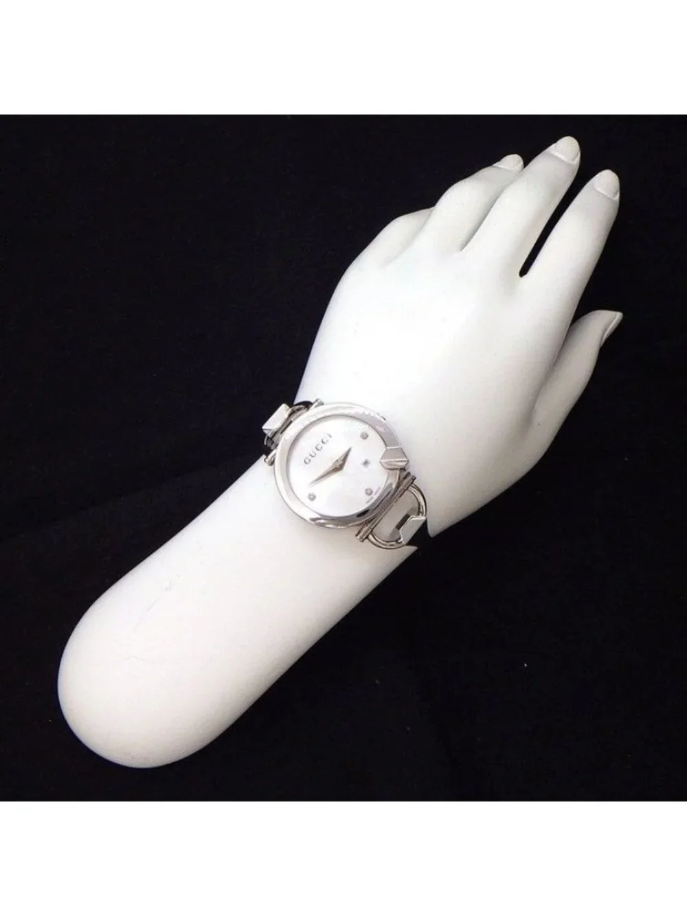 Gucci Watch Kiodo 122.5 Horsebit 3 Point Diamond Index White Shell Dial Date SS